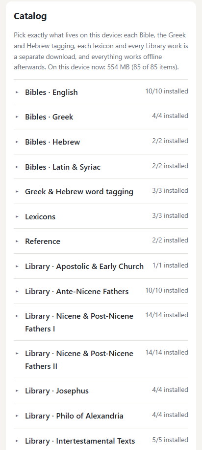 Settings → Catalog listing the download groups