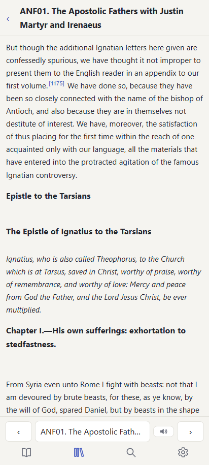 A page of the Ante-Nicene Fathers, volume 1, in the Library