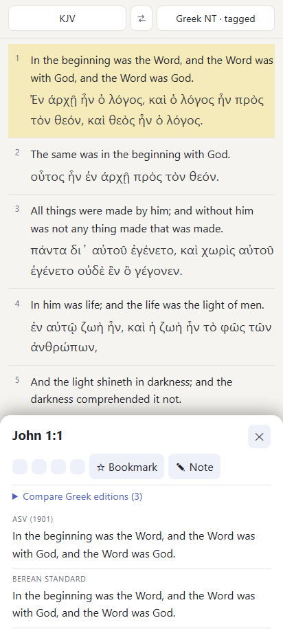 The verse panel for John 1:1 with the highlight colours, bookmark and note buttons and parallel translations